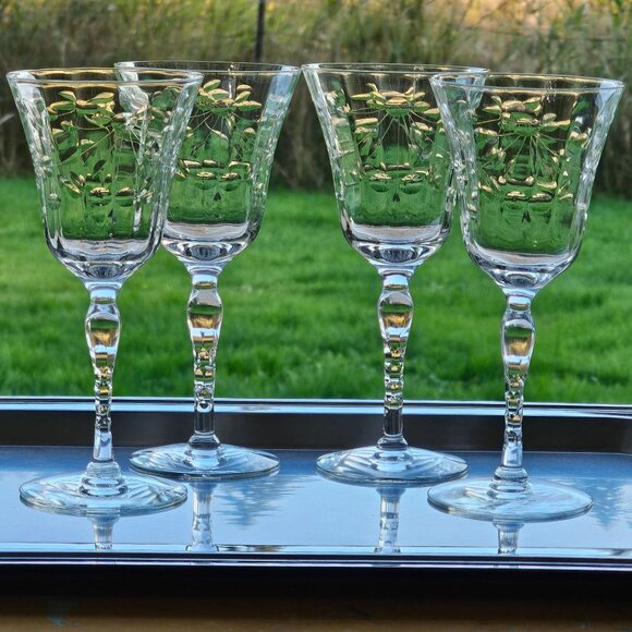 Depression Glass Cut Floral Wine Glasses 6.2" lightweight optic fine crystal (4) - Picture 1 of 10